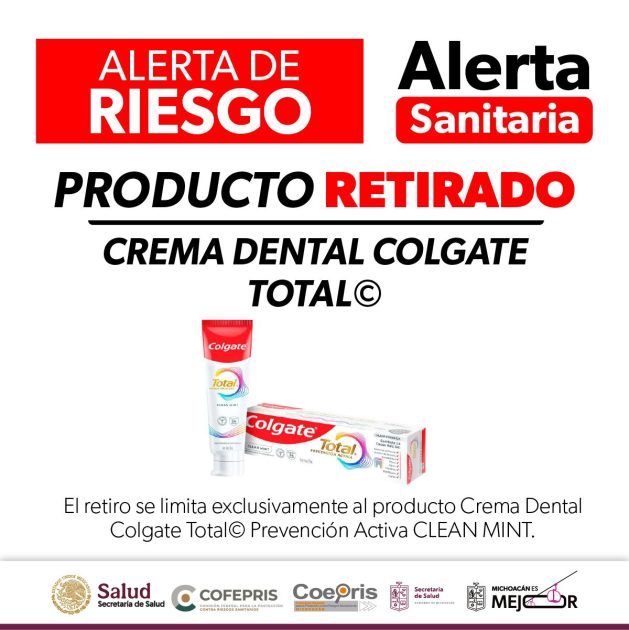 Cofepris emite aviso de riesgo del producto Colgate Total Prevención Activa CLEAN MINT