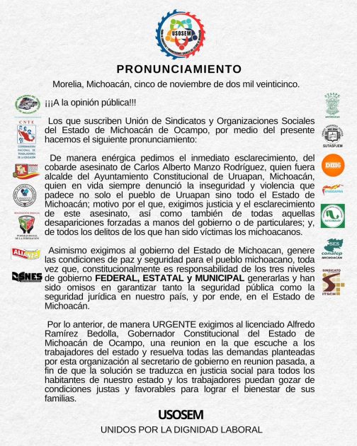 Exigen organizaciones sociales y sindicales reunión con el Gobernador